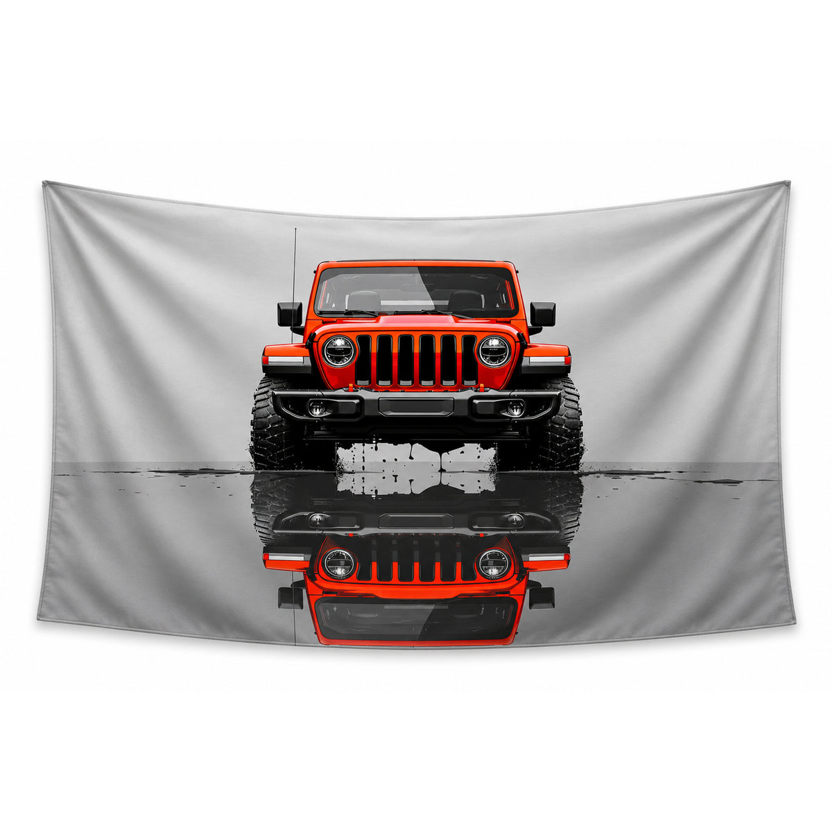 Trail Reflection wall tapestry featuring a front-facing orange-red Jeep and its reflection on a pale grey background.