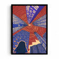 Urban Orbit artwork showing blue and violet skyscrapers viewed from below beneath an orange-red sky of concentric rings.