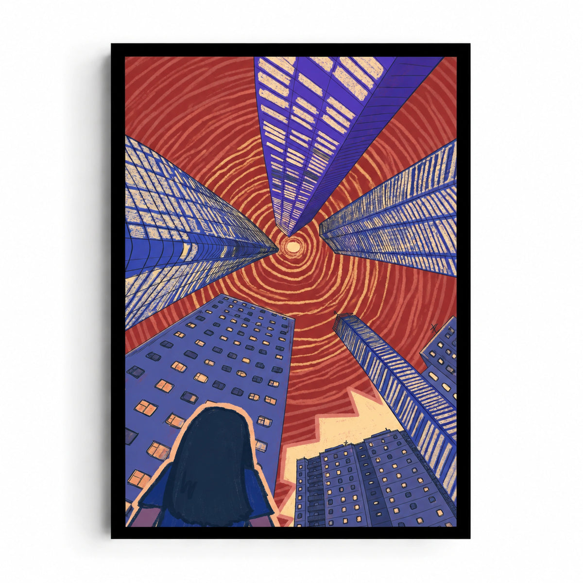Urban Orbit artwork showing blue and violet skyscrapers viewed from below beneath an orange-red sky of concentric rings.