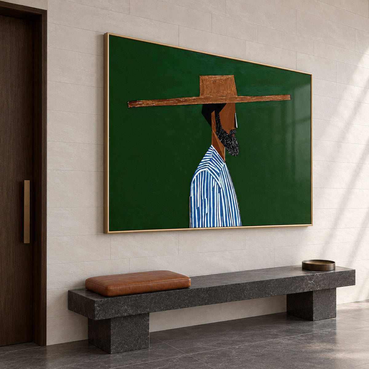 Angled view of The Emerald Gentleman showing the complete landscape-format portrait and slim gold frame depth above a dark stone bench.