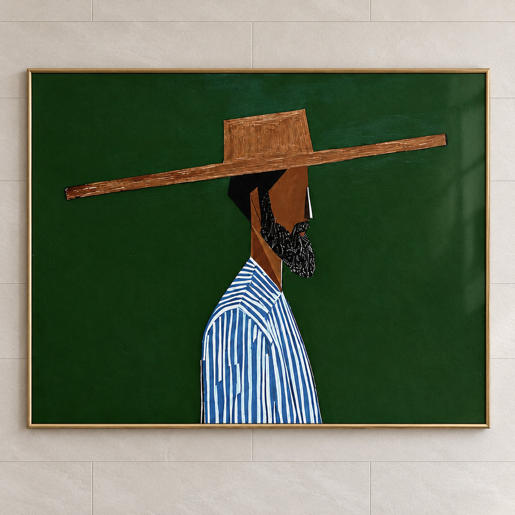 Close-up of The Emerald Gentleman with an angular bearded profile, wide brown hat and blue-and-white stripes against emerald green, within all four gold frame edges.