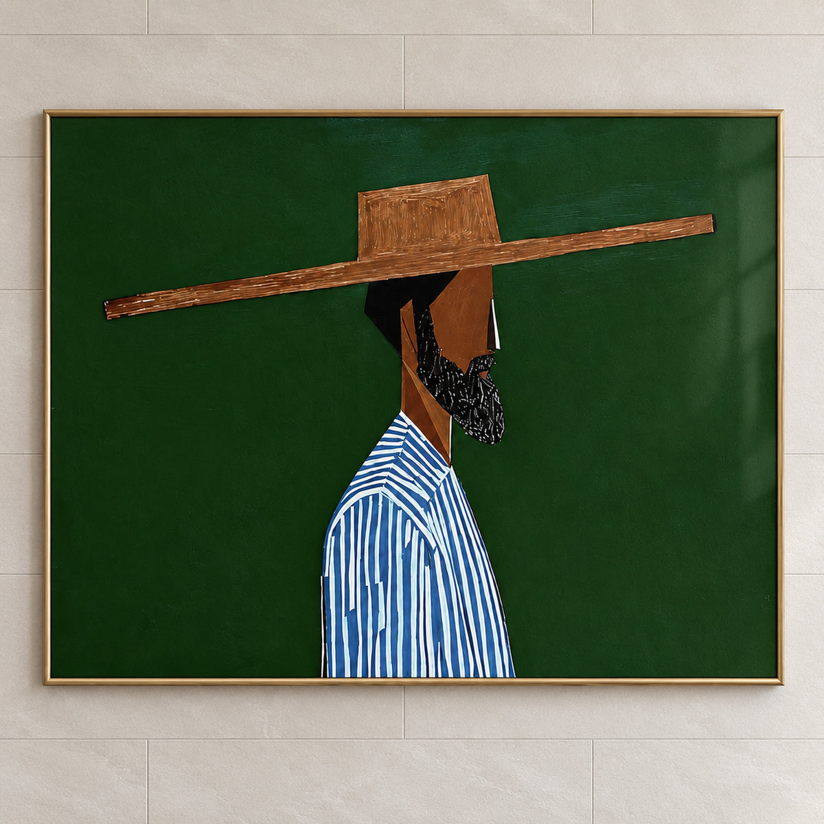 Close-up of The Emerald Gentleman with an angular bearded profile, wide brown hat and blue-and-white stripes against emerald green, within all four gold frame edges.