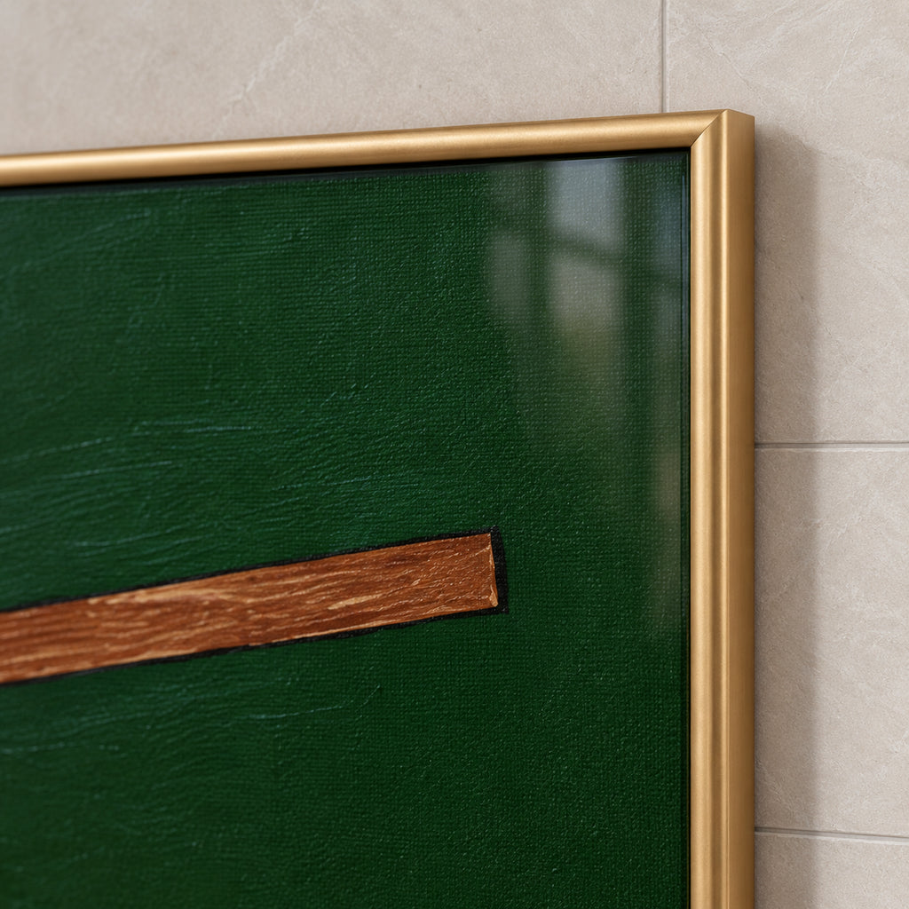 Top-right frame detail of The Emerald Gentleman, showing the mitred corner and gold-coloured profile beside the emerald-green artwork and brown hat brim.
