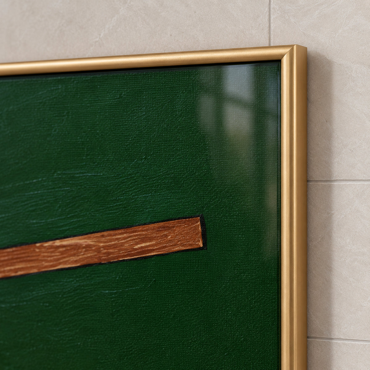 Top-right frame detail of The Emerald Gentleman, showing the mitred corner and gold-coloured profile beside the emerald-green artwork and brown hat brim.