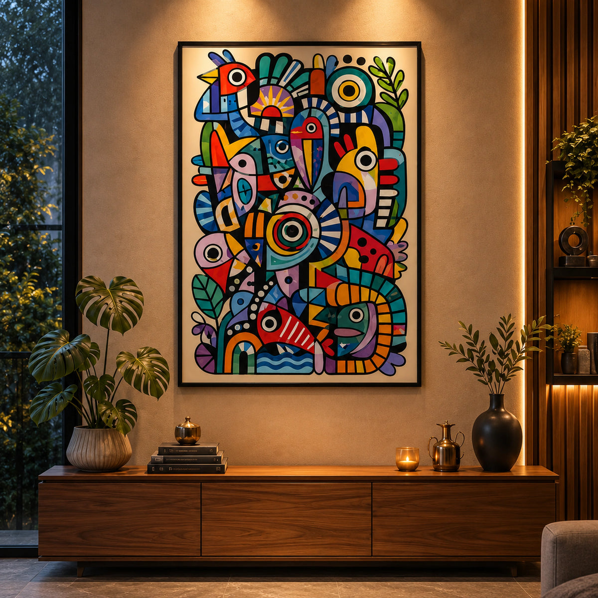 Front view of Wild Chorus abstract bird wall art in a thin black wooden frame above a walnut sideboard in a warm living room.
