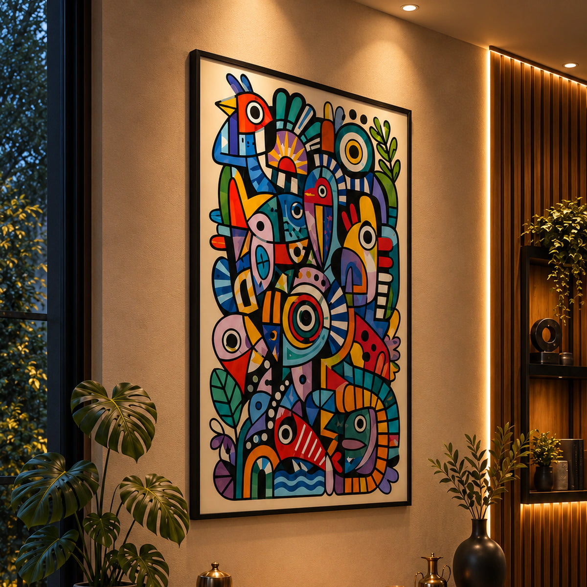 Angled view of Wild Chorus colourful bird wall art, showing the slim black wooden frame and its depth against a warm plaster wall.