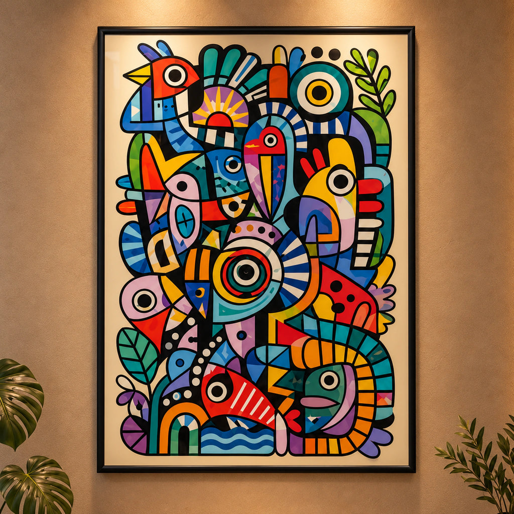 Close frontal view of Wild Chorus, showing colourful abstract birds, bold black outlines and a cream background within a thin black frame.