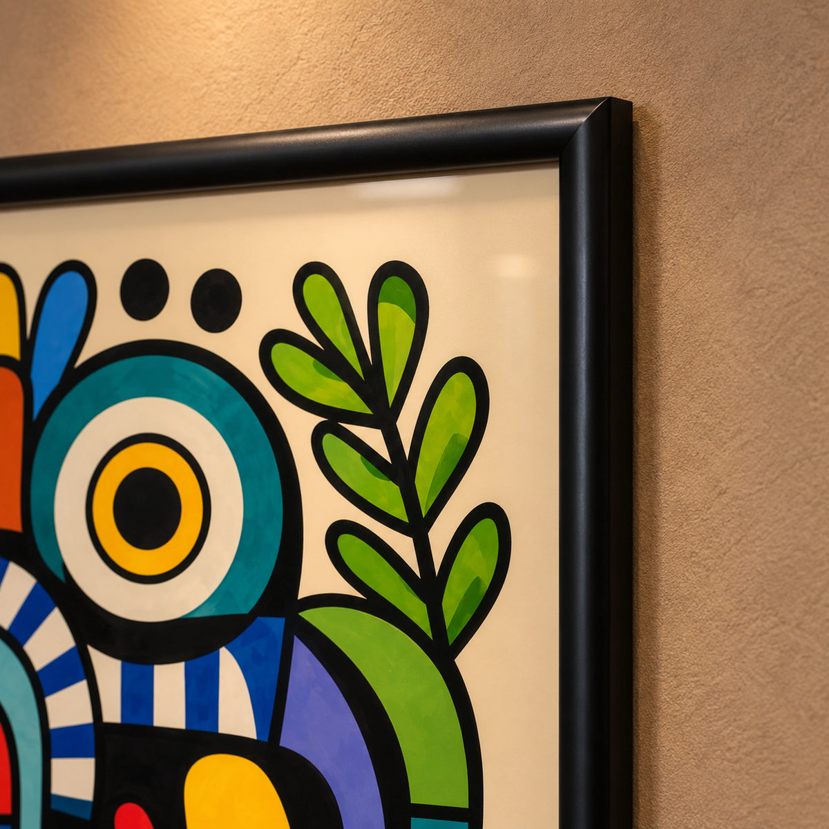 Close-up of Wild Chorus showing the rounded satin-black wooden frame corner, green botanical detail and teal-and-yellow circular motif.