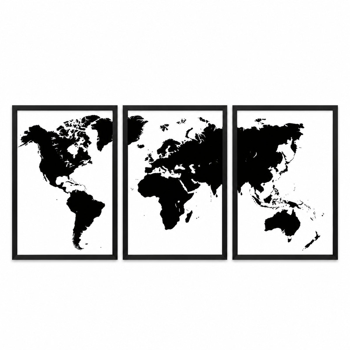 World View three-piece black-framed world map set with black continent silhouettes on white, arranged side by side from the Americas to Asia and Oceania.